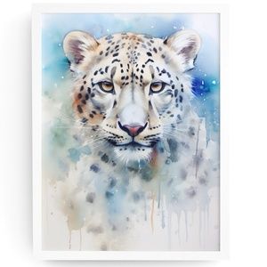 Watercolor Snow Leopard Portrait Wall Art Illustration Print Poster Unframed